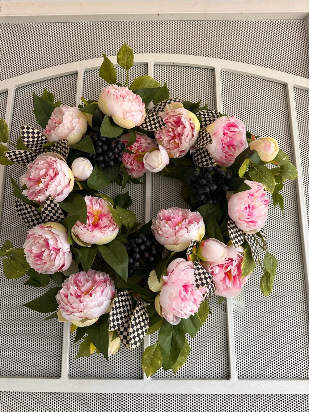 Mackenzie Childs Pink Peony Floral Wreath with Green Leaves - Home Accents